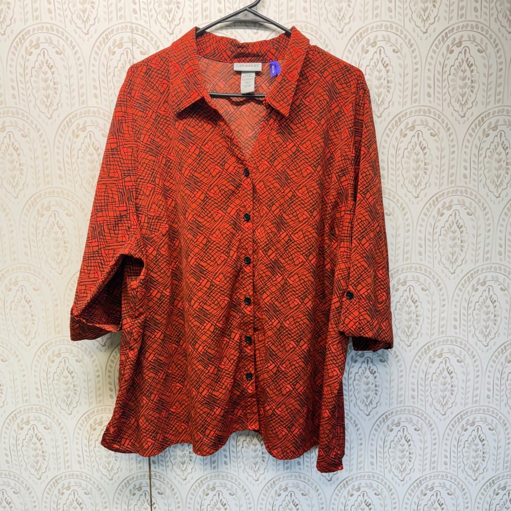 Catherines Button Down Blouse Womens 2XWP Orange Abstract 3/4 Sleeve Tab Top